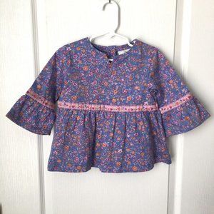Hanna Andersson Shirt 100 US 4 Blue with Pink Floral Tunic Bell Sleeves